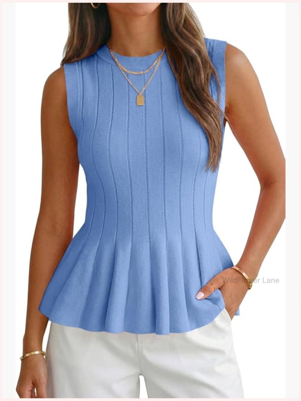 Women's Pleated Peplum Tank Top Fitted Ribbed Knit Crew Neck Blouse